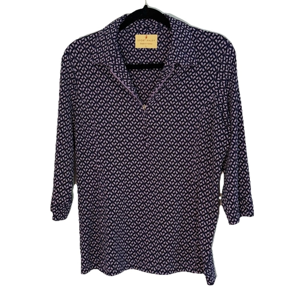Sport Haley Pickleball Top 3/4 Sleeve half zip Blue Geometric Print Women's LG
